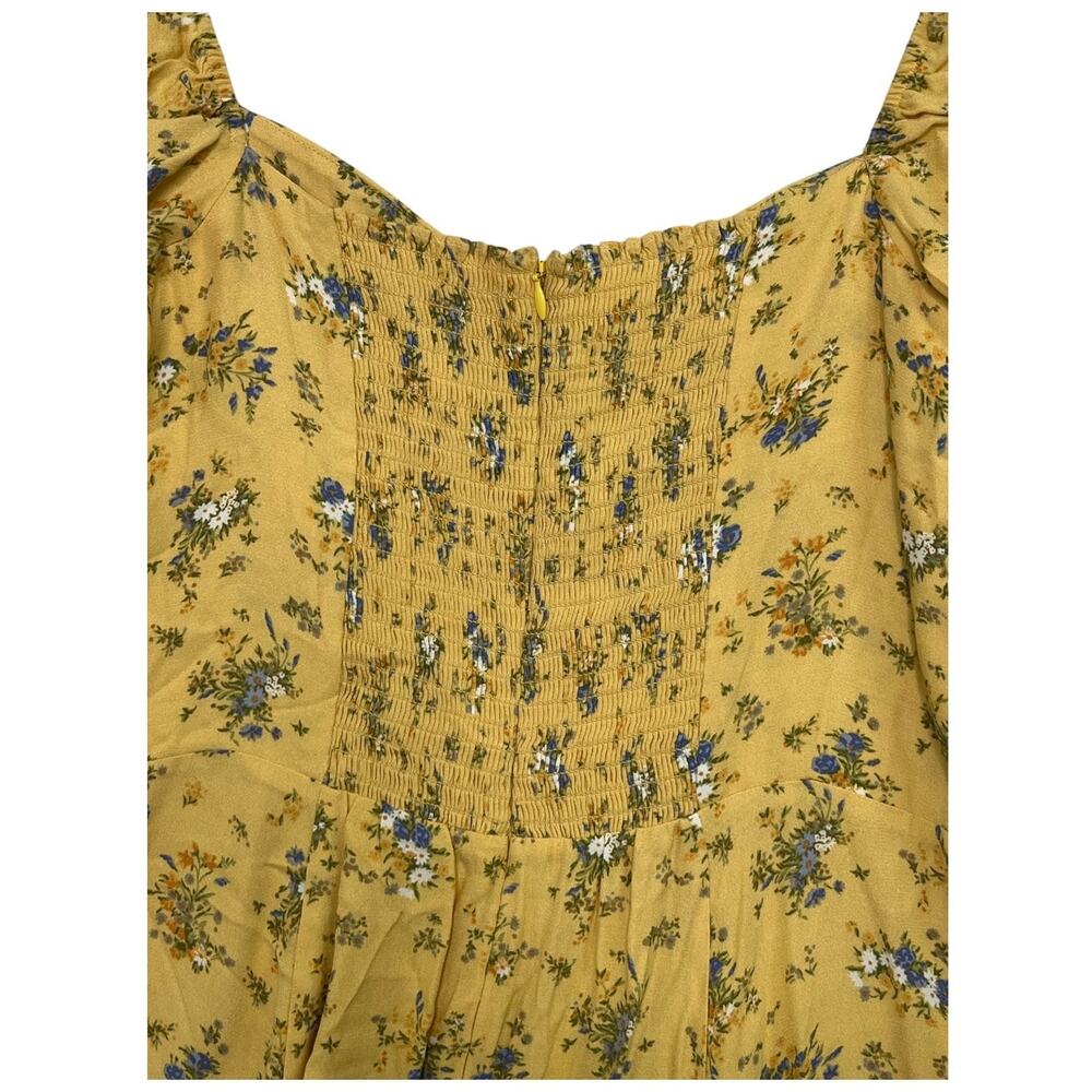 Reformation Mini Dress Womens 16 Yellow Floral Puff Sleeve Smocked Prairie Boho - Picture 9 of 11
